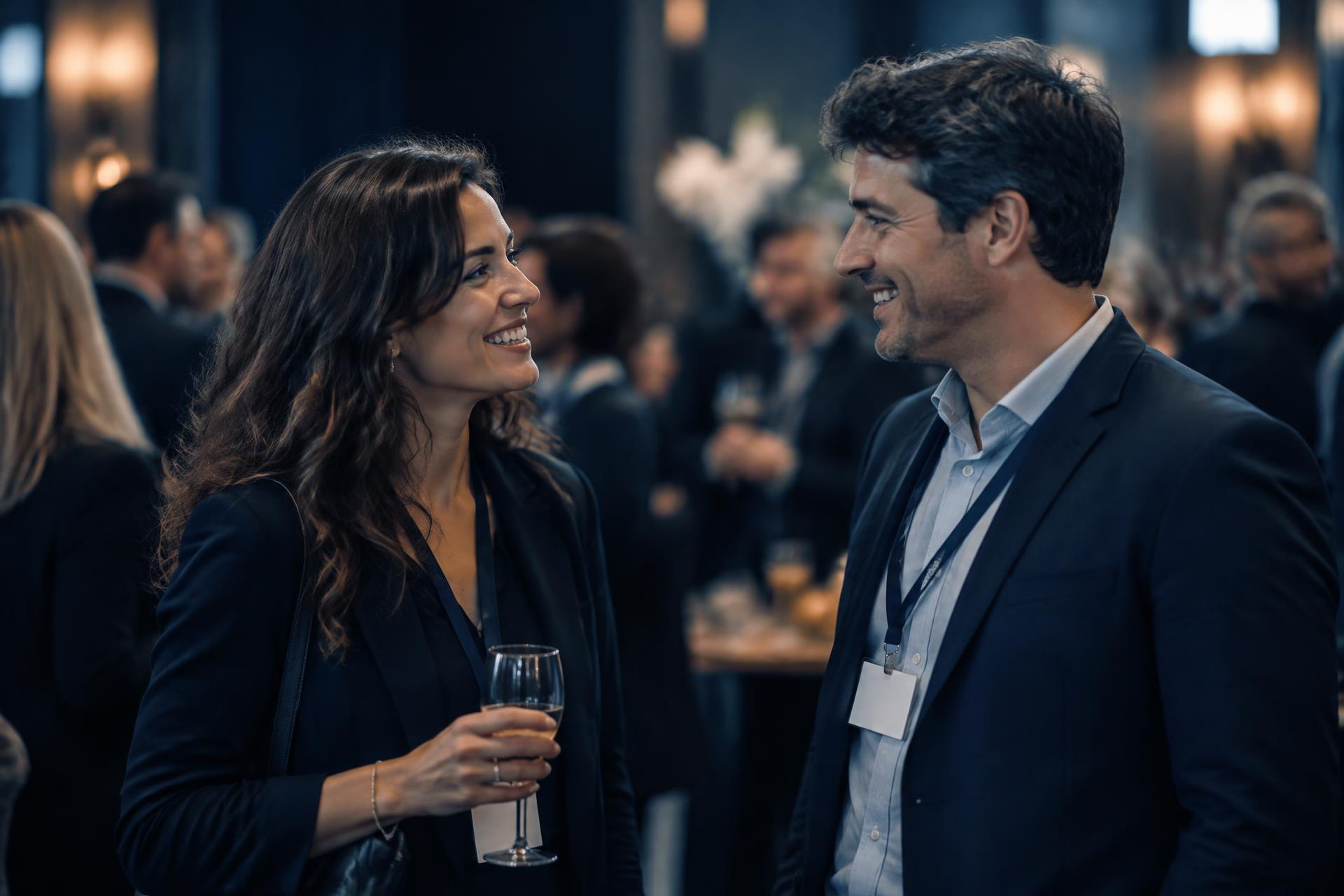 Duas pessoas conversando e sorrindo durante um evento profissional de networking, com crachás e outros participantes desfocados ao fundo