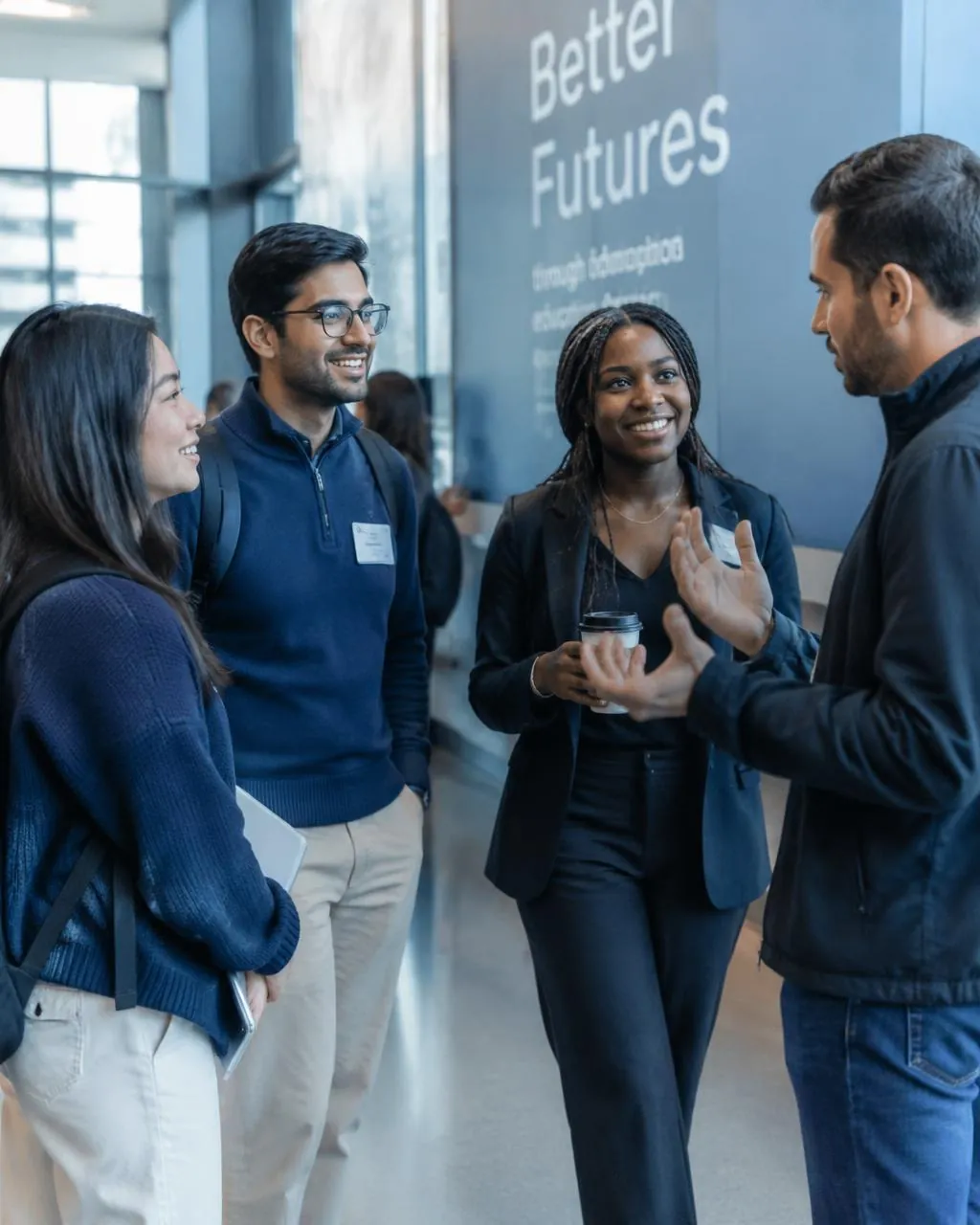Estudantes conversando com um convidado no corredor de uma escola de negócios